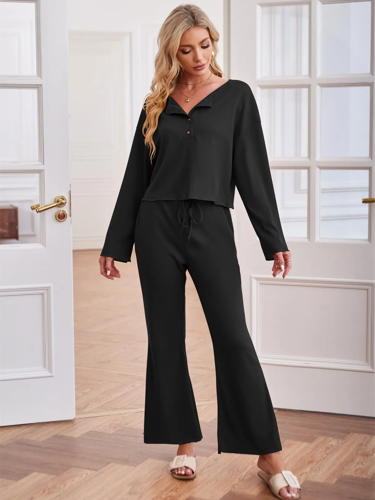 Waffle Knit Casual Long Sleeve Pajama Set