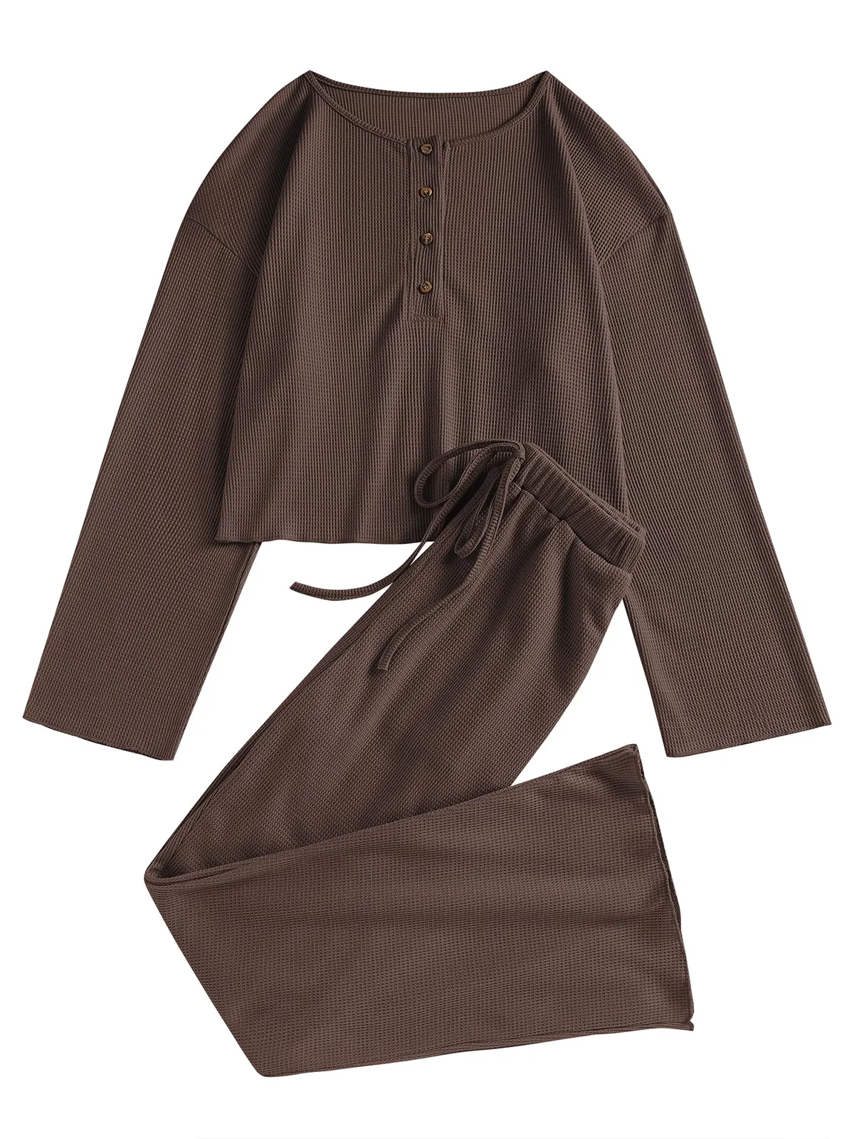 Waffle Knit Casual Long Sleeve Pajama Set