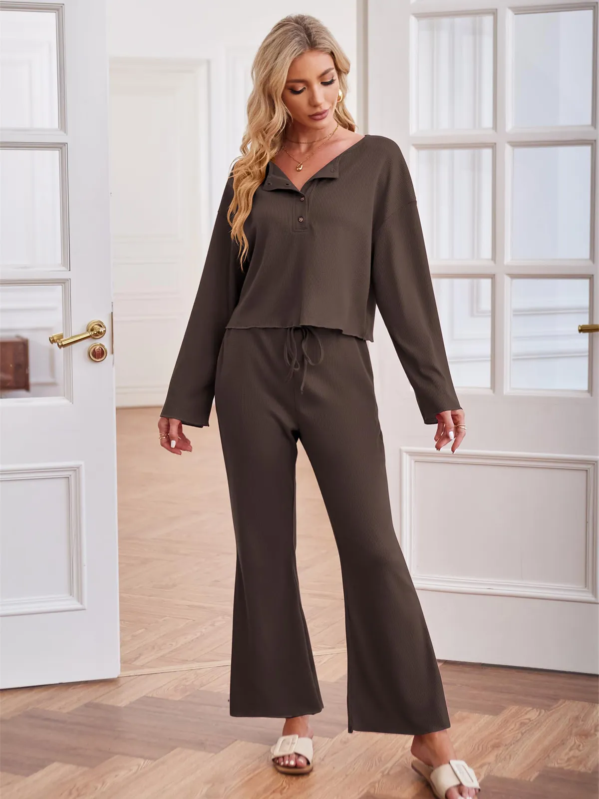 Waffle Knit Casual Long Sleeve Pajama Set