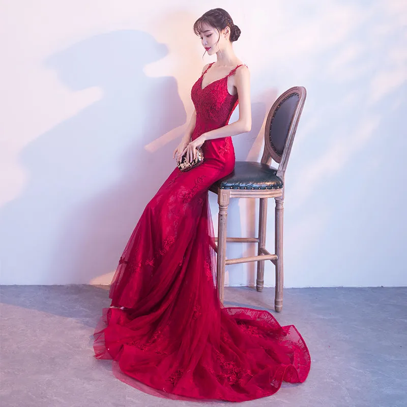 Wine Red Mermaid Tulle with Lace Applique Low Back Party Dress, Dark Red Evening Dresses