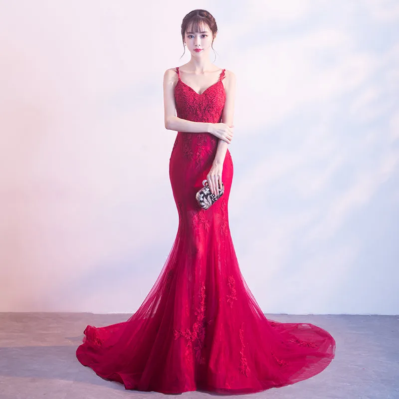 Wine Red Mermaid Tulle with Lace Applique Low Back Party Dress, Dark Red Evening Dresses