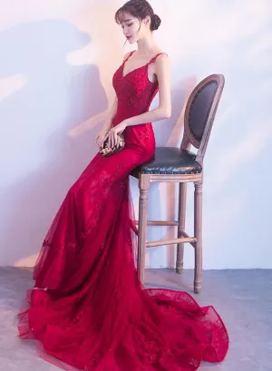 Wine Red Mermaid Tulle with Lace Applique Low Back Party Dress, Dark Red Evening Dresses