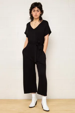 Women's black kimono sleeve plus size cropped leg maternity & post natal jumpsuit with tie belt