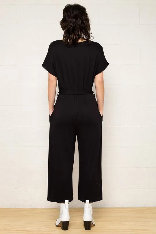 Women's black kimono sleeve plus size cropped leg maternity & post natal jumpsuit with tie belt